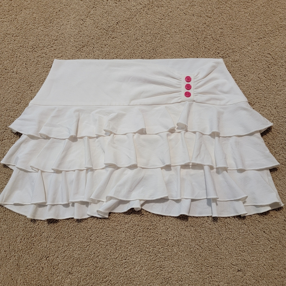 Abercrombie & Fitch White Ruffled Mini Skirt with Pink Buttons